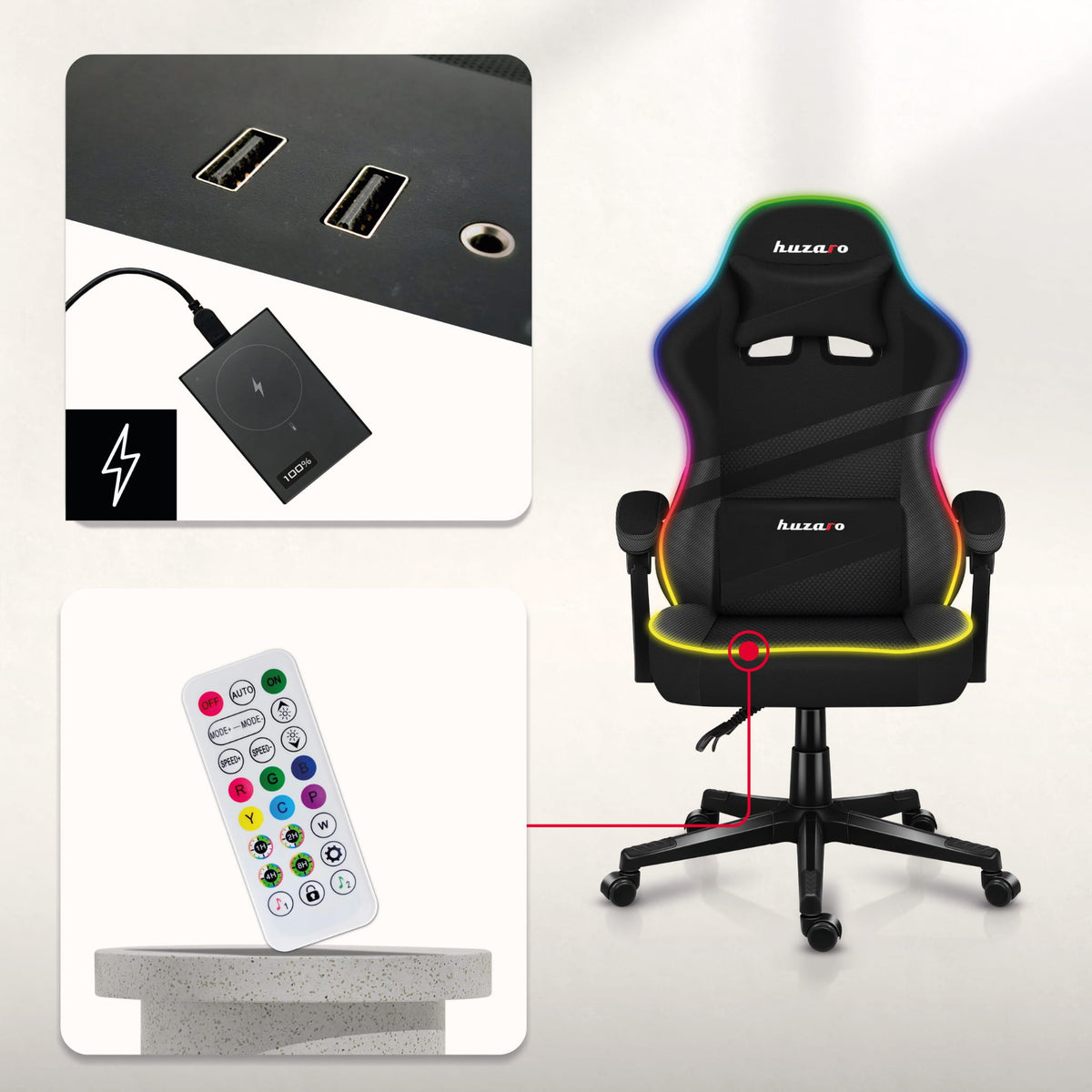 HUZARO FORCE 4.4 RGB LED Schwarz Mesh Gaming-Stuhl