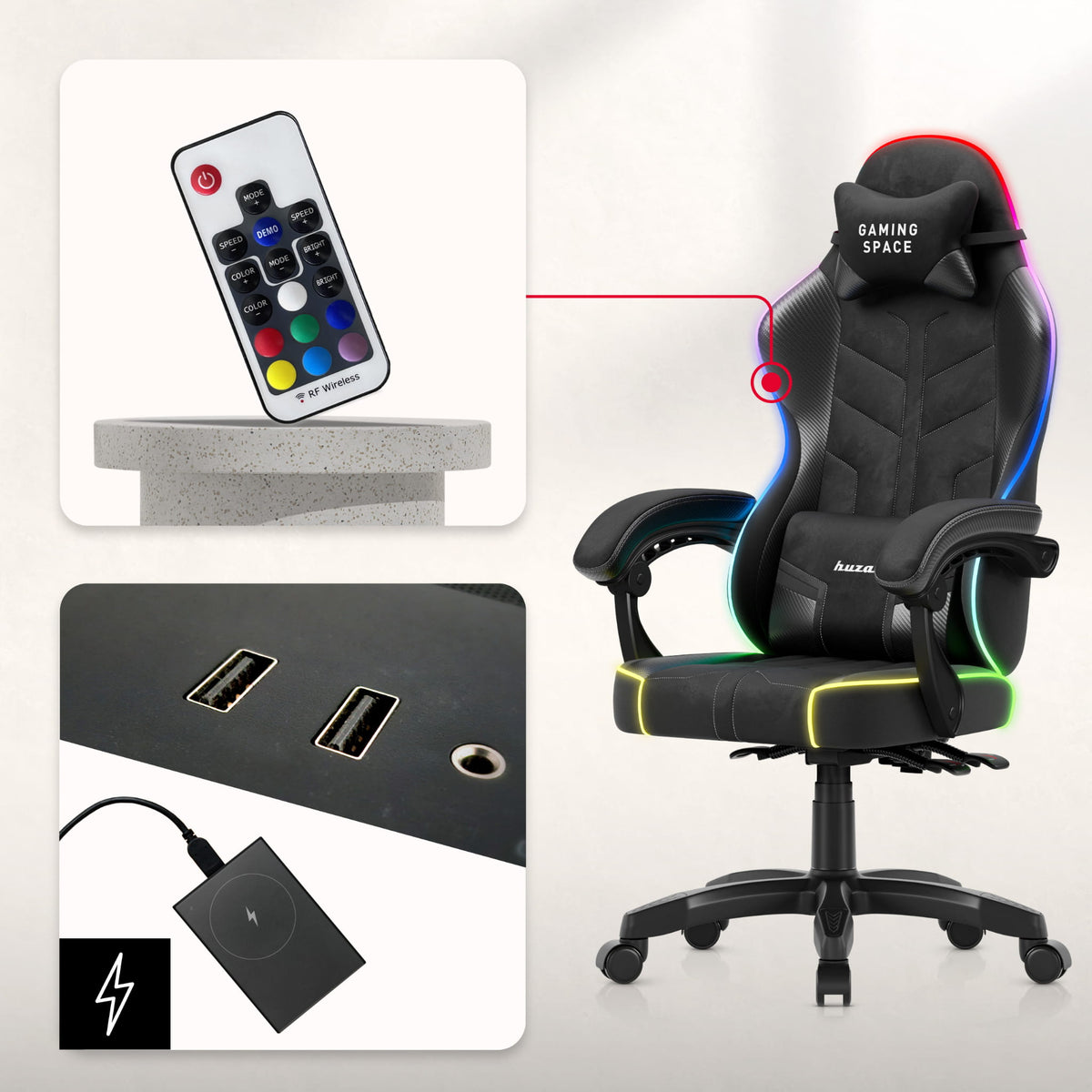 Huzaro Force 2.7 RGB Gaming-Stuhl aus schwarzem Samt 