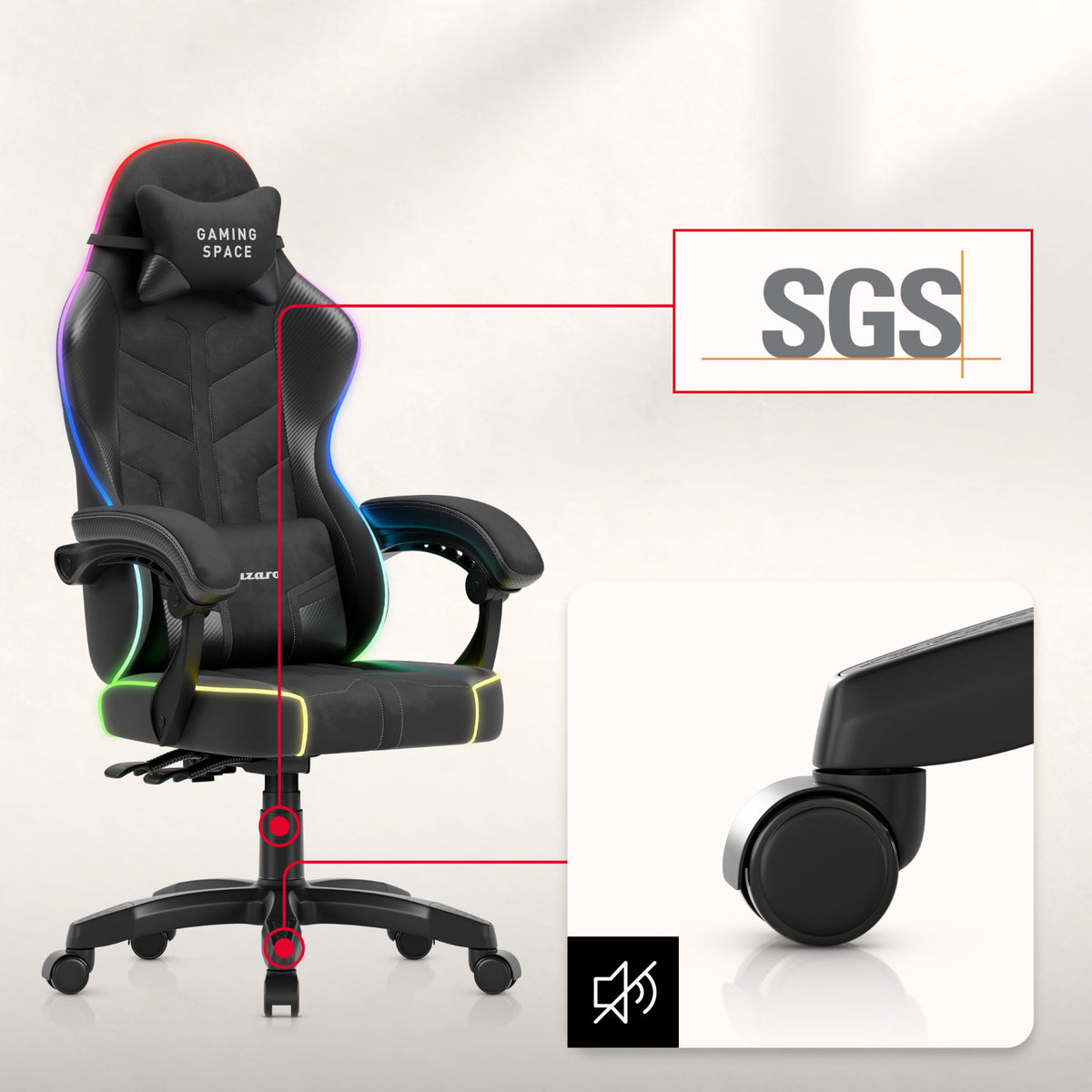 Huzaro Force 2.7 RGB Gaming-Stuhl aus schwarzem Samt 