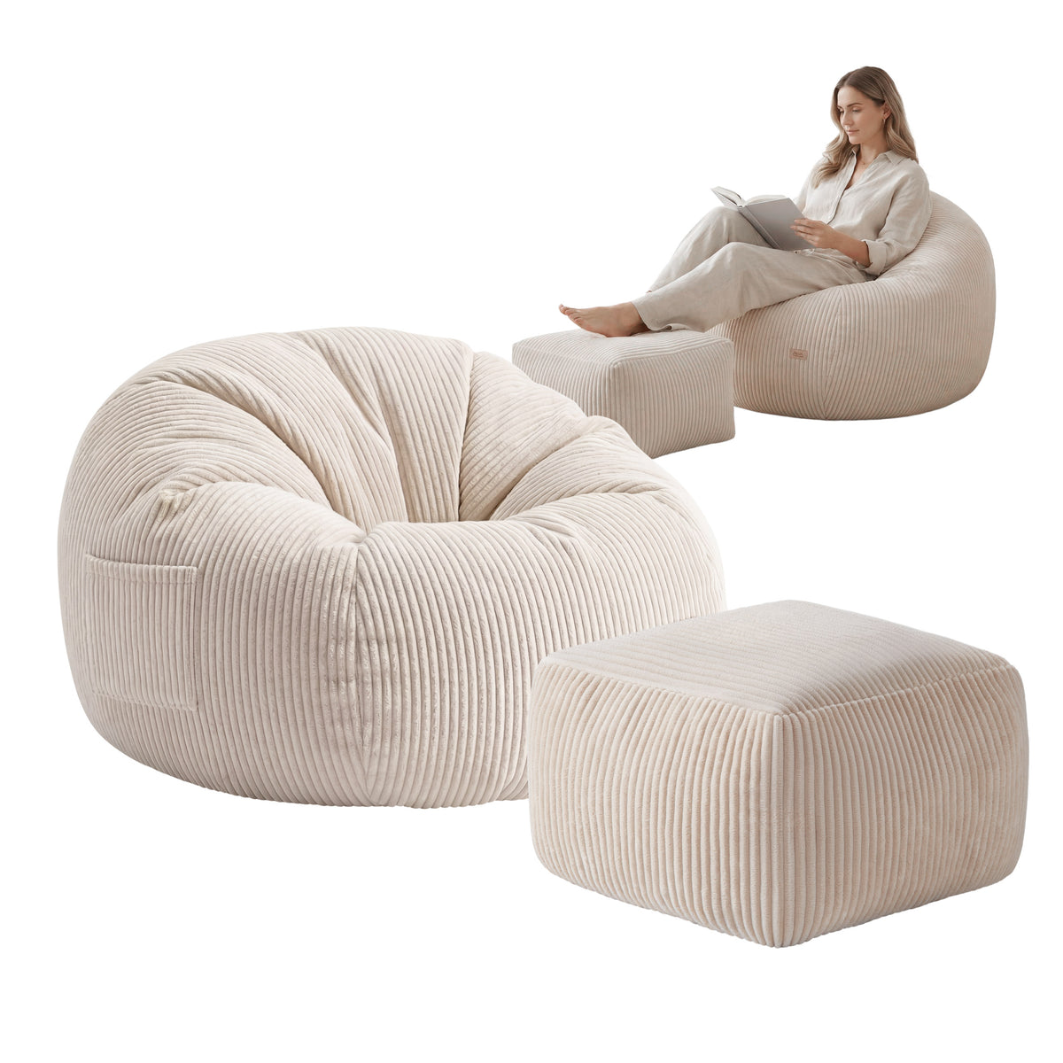 Sitzsack Cordsofa mit Fußstütze Mark Adler Comfy 3.0 Beige